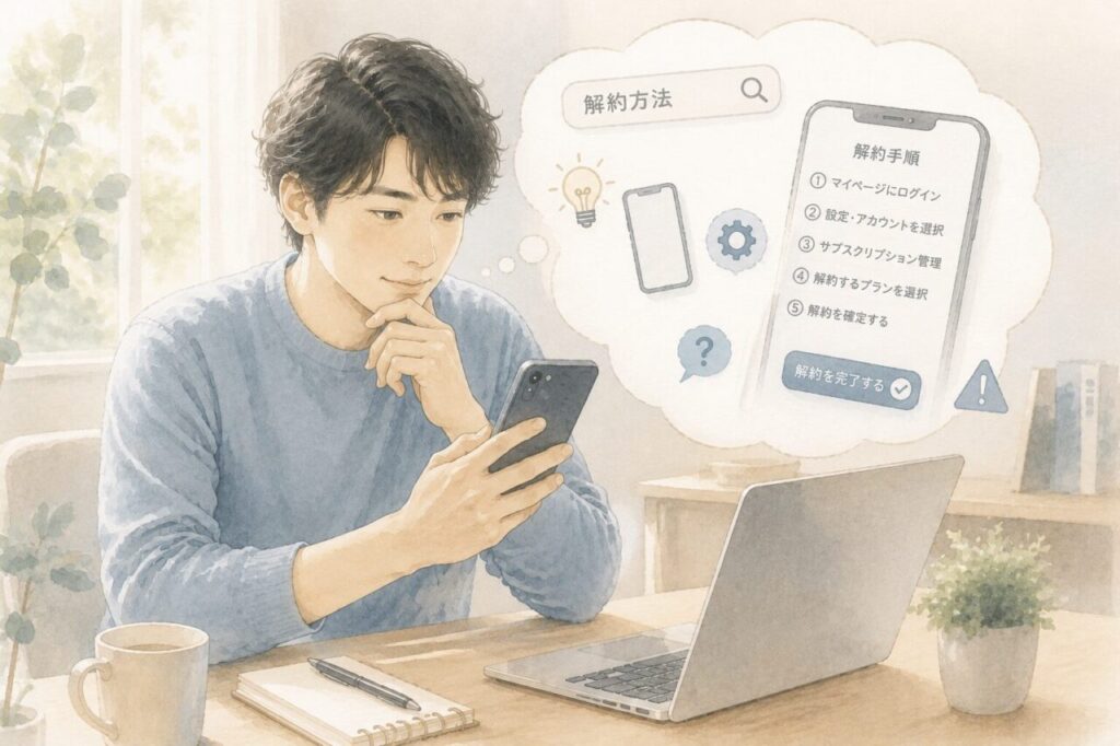 Speakの解約方法を調ベている男性