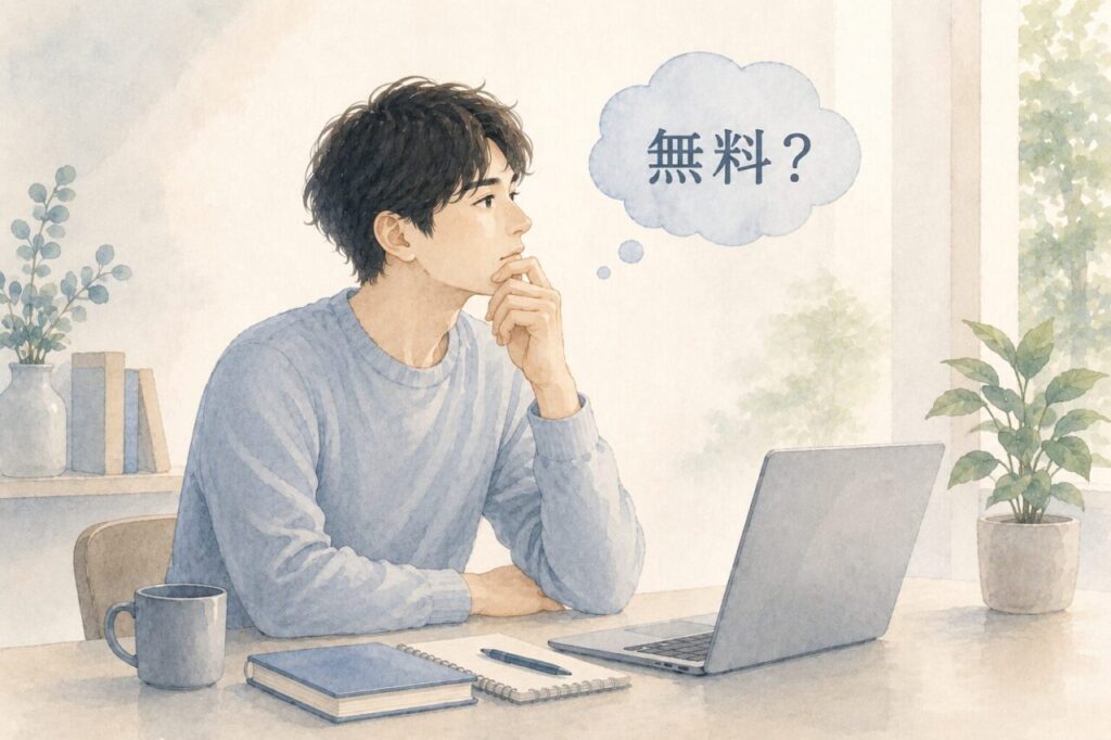 パソコンを使って英会話アプリSpeakの無料プランについて調べる男性のイラスト