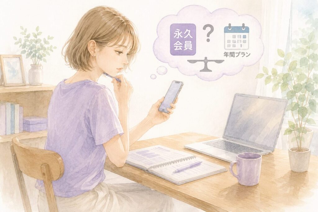 ELSA Speakの永久会員って何？年間プラントの違いについて調べている女性イメージ