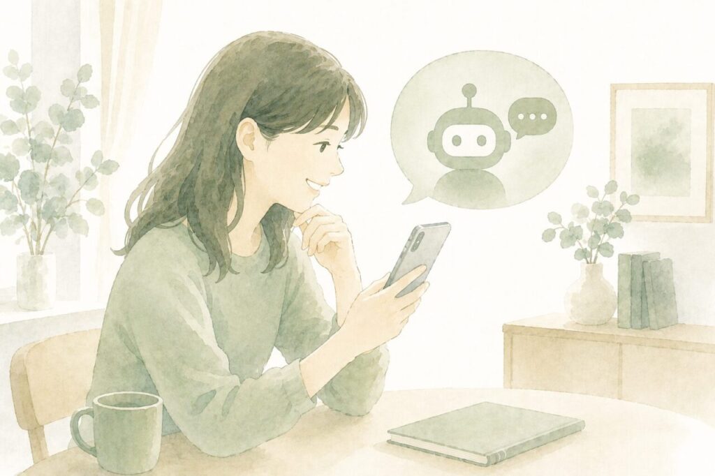 スピークバディの口コミを確認してからAIとの英会話を楽しんでいる女性イメージ