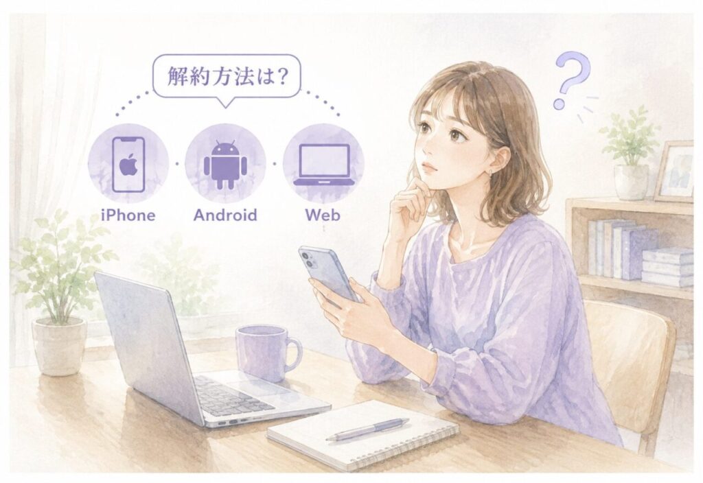 ELSASpeakの解約方法は？iphoneの場合は？と調べて確認している女性イメージ