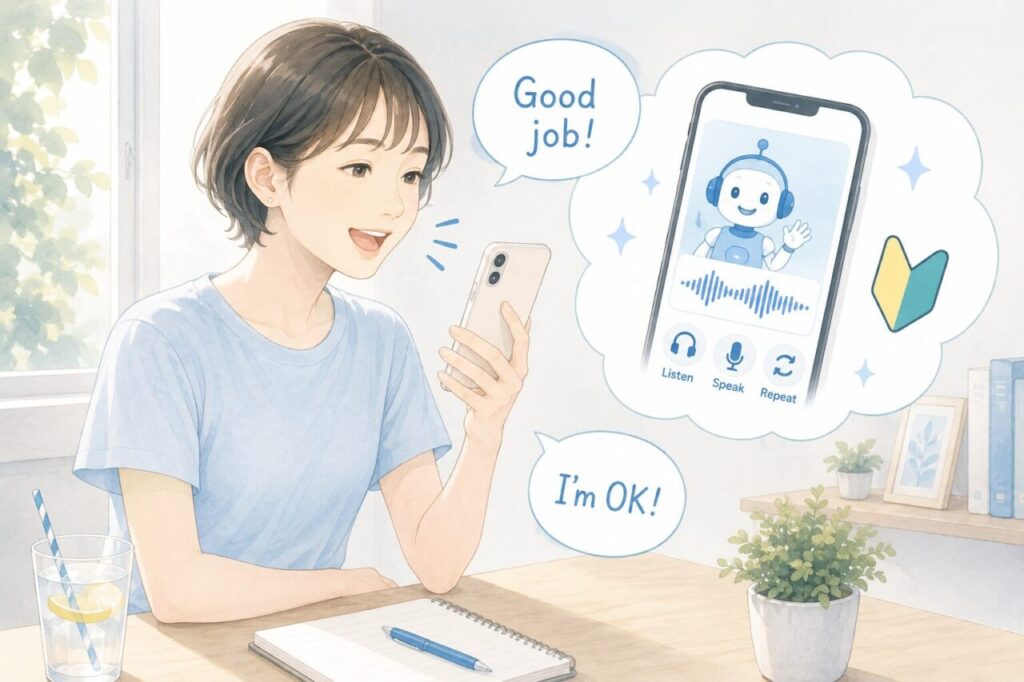 英会話初心者の女性が、Speakアプリで発音の練習をしているイメージ