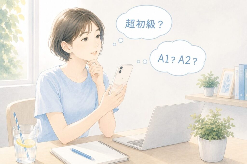 コースを選ぶのに自分のレベルが何か考えている女性イメージ