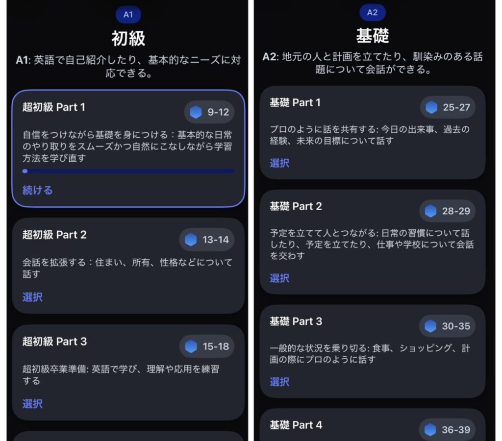 SpeakのA1初級・A2基礎のコース一覧