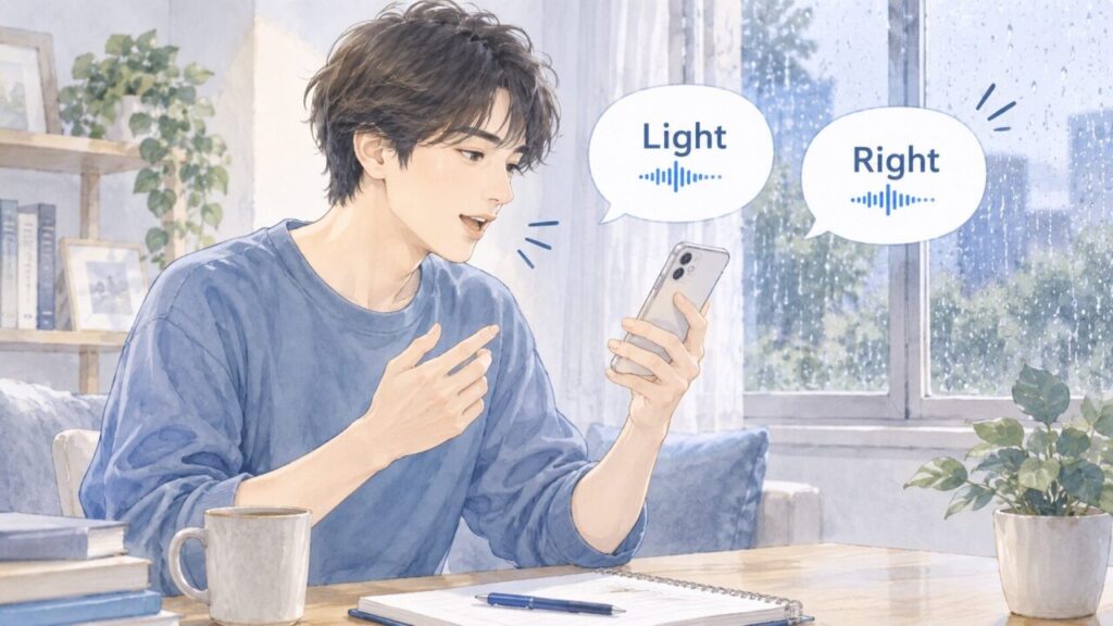 LightとRightの発音をチェックしてもらっている男性の様子
