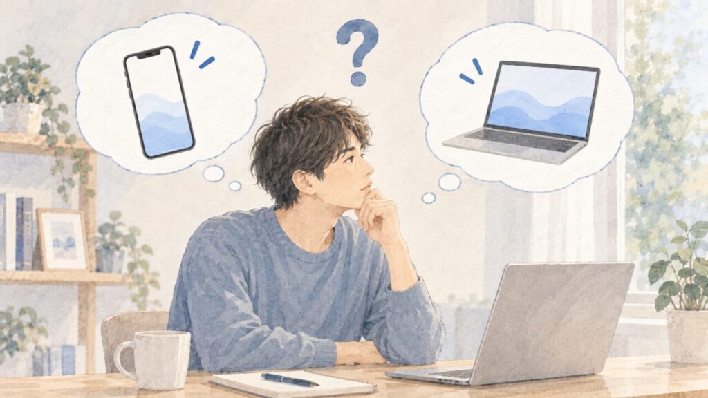 Speakアプリはパソコンでも使えるのか?と考えている男性イメージ