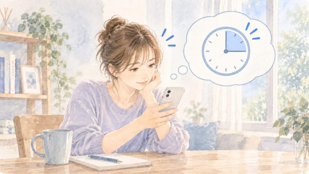Speakは1日何分やればいいのか、1レッスンの時間を確認している女性イメージ